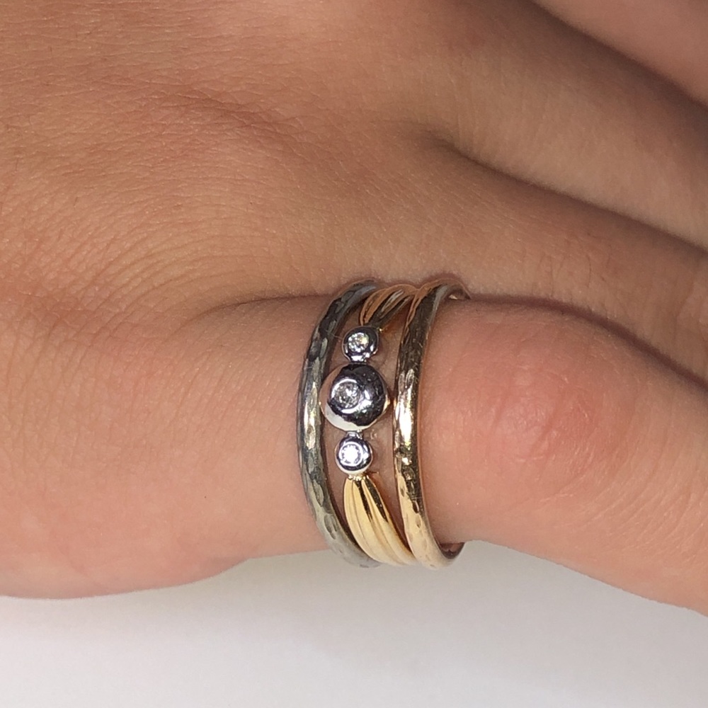 SET OF 3 Real 14K Yellow & White Gold Diamond Ring Trio Stacking Bands Vintage
